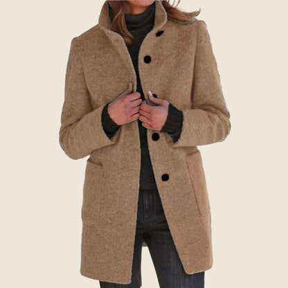 Women's Stand Collar Mid-Length Coat with Front Pockets