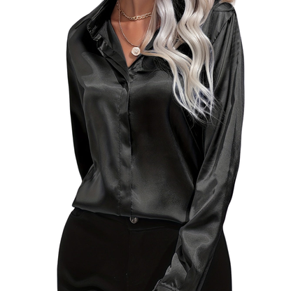Sarah | Damen Langarm Satin Blusen mit Knopfleiste
