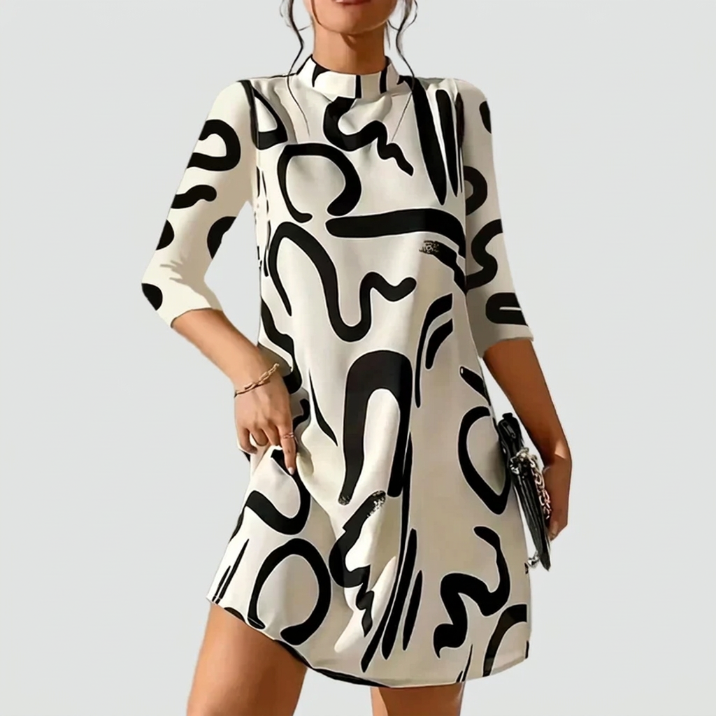 Romilly | Abstract Print Mock Neck Shift Dress with 3/4 Sleeves
