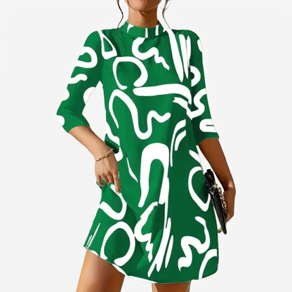 Romilly | Abstract Print Mock Neck Shift Dress with 3/4 Sleeves