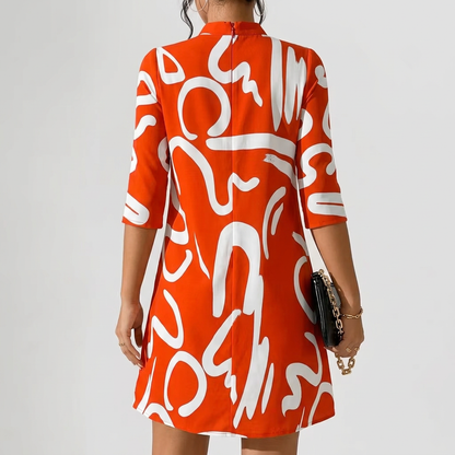 Romilly | Abstract Print Mock Neck Shift Dress with 3/4 Sleeves