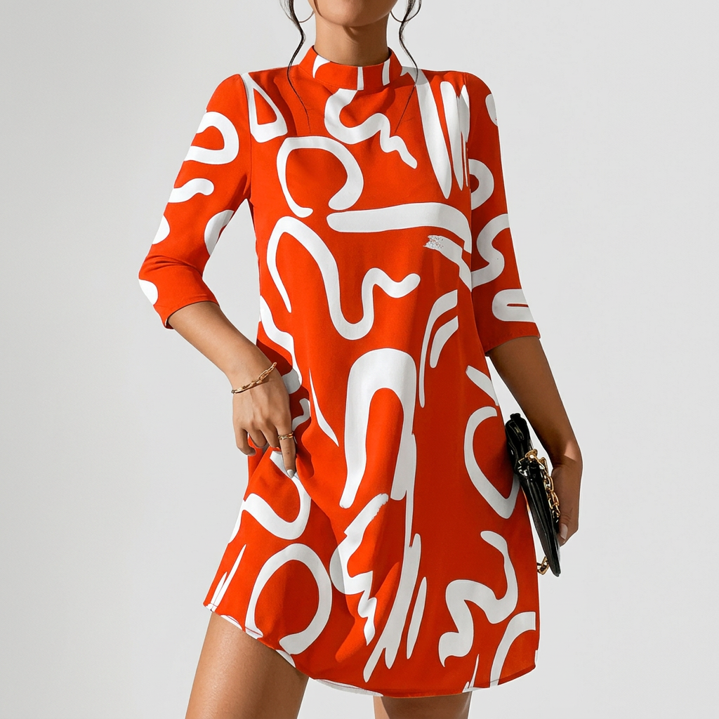 Romilly | Abstract Print Mock Neck Shift Dress with 3/4 Sleeves