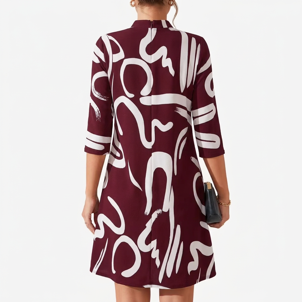 Romilly | Abstract Print Mock Neck Shift Dress with 3/4 Sleeves