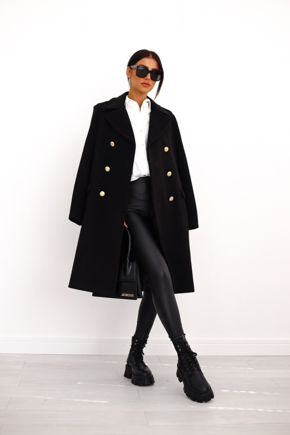 Women's Double-Breasted Wool Coat with Gold Buttons