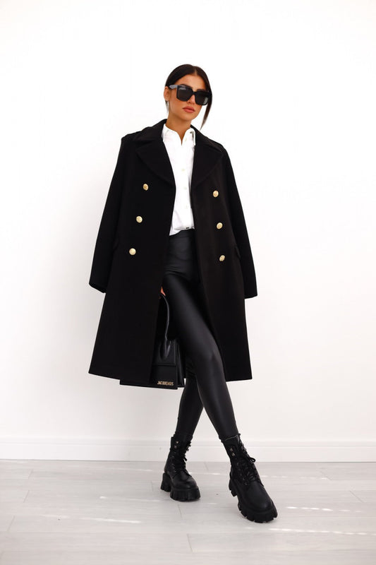 Women's Double-Breasted Wool Coat with Gold Buttons
