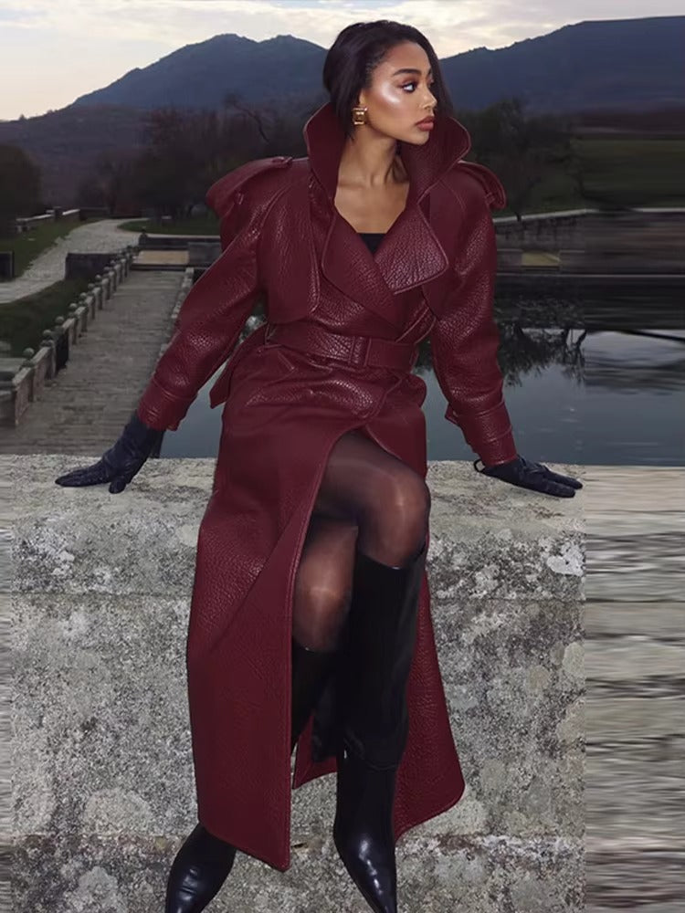 Audrey| Women’s Winter Long Trench Leather Coat