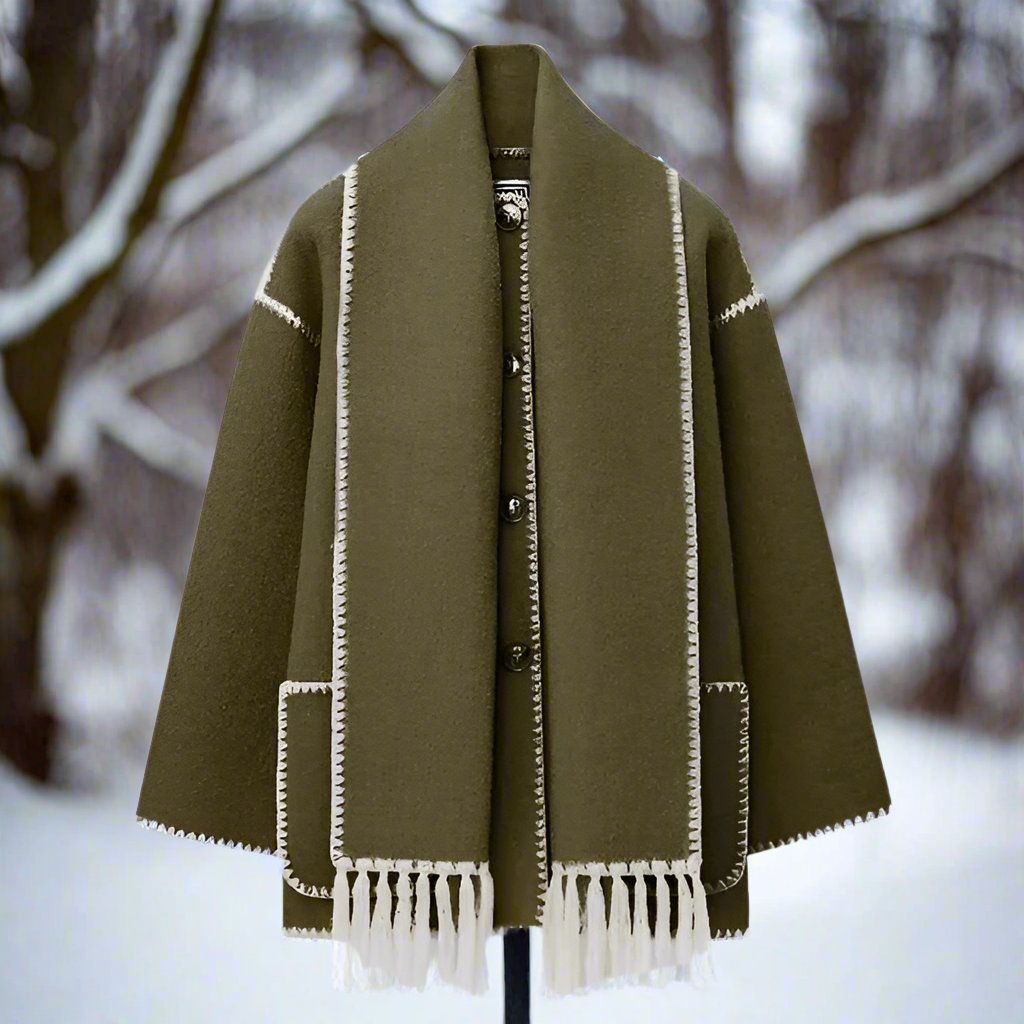 Women's Shawl Collar Coat with Button Front and Fringe Trim
