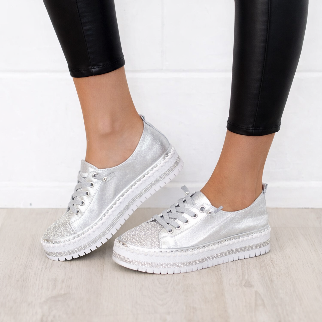 DIAMOND SILVER LEATHER SNEAKERS -Shine With Every Step ✨