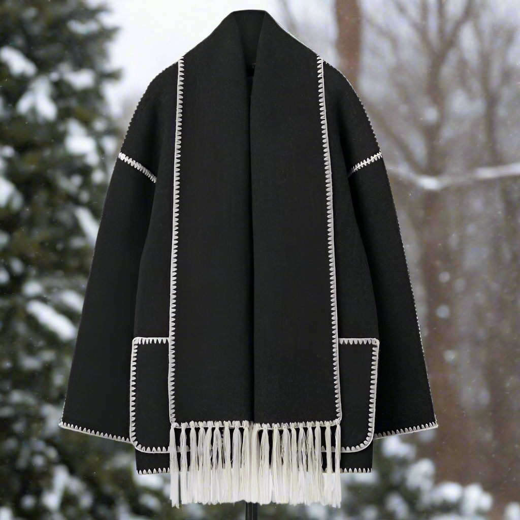 Women's Shawl Collar Coat with Button Front and Fringe Trim