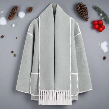 Women's Shawl Collar Coat with Button Front and Fringe Trim