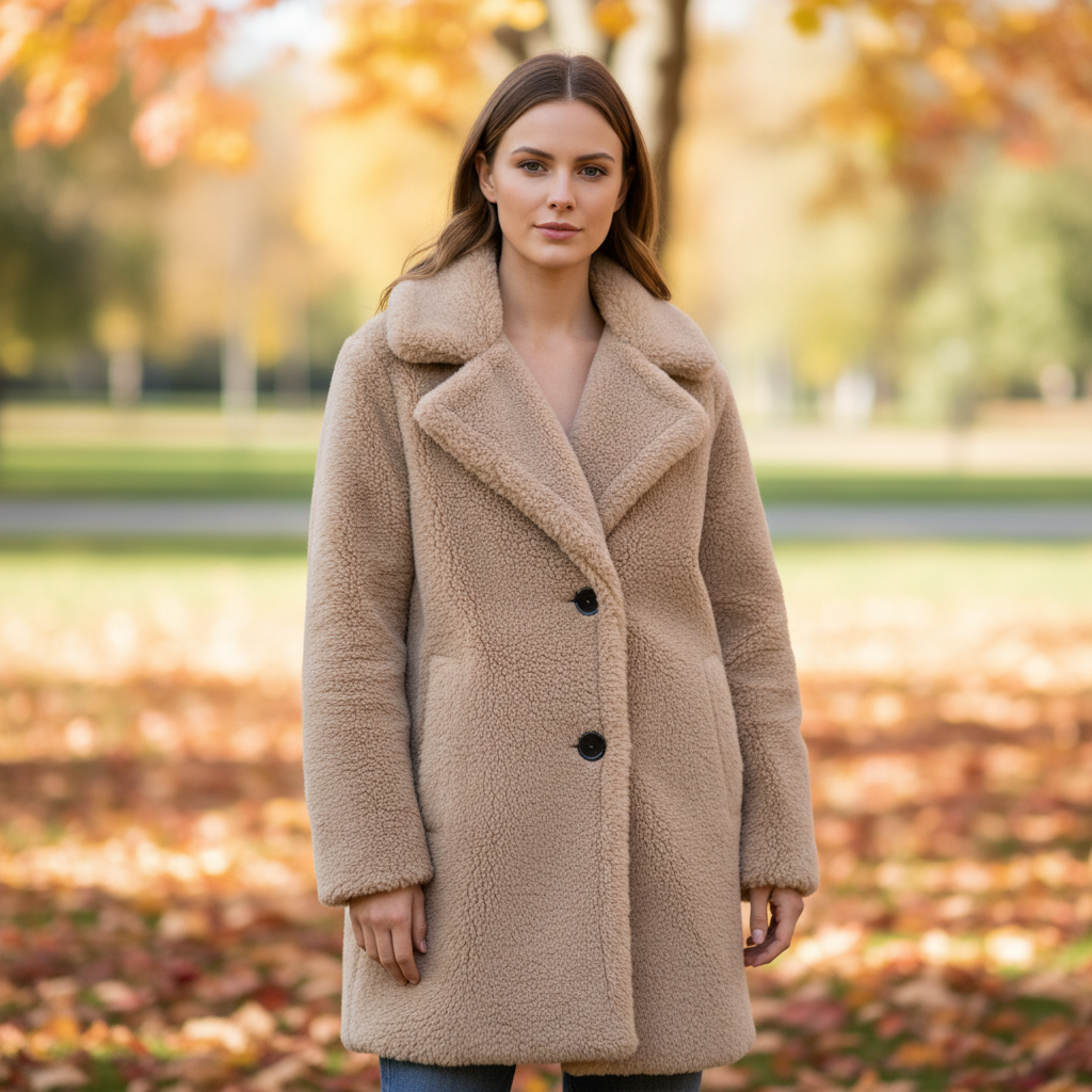 Women's Notch Collar Teddy Coat Button Front Relaxed Fit