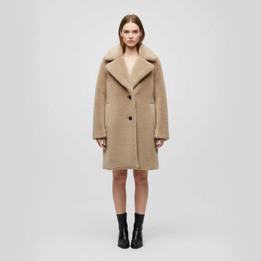Women's Notch Collar Teddy Coat Button Front Relaxed Fit