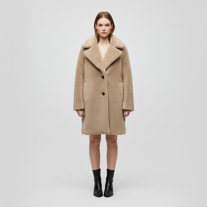 Women's Notch Collar Teddy Coat Button Front Relaxed Fit
