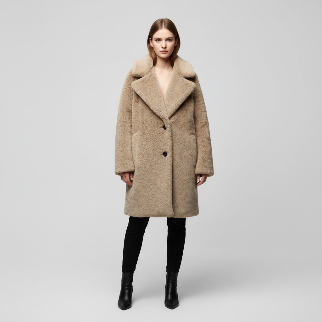 Women's Notch Collar Teddy Coat Button Front Relaxed Fit