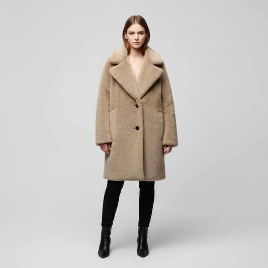 Women's Notch Collar Teddy Coat Button Front Relaxed Fit