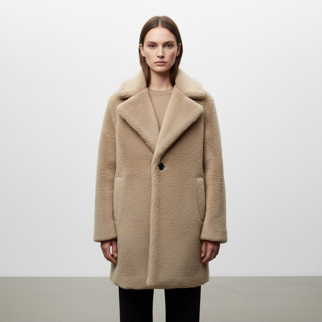 Women's Notch Collar Teddy Coat Button Front Relaxed Fit