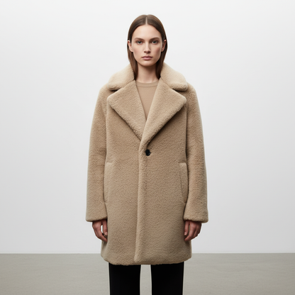 Women's Notch Collar Teddy Coat Button Front Relaxed Fit