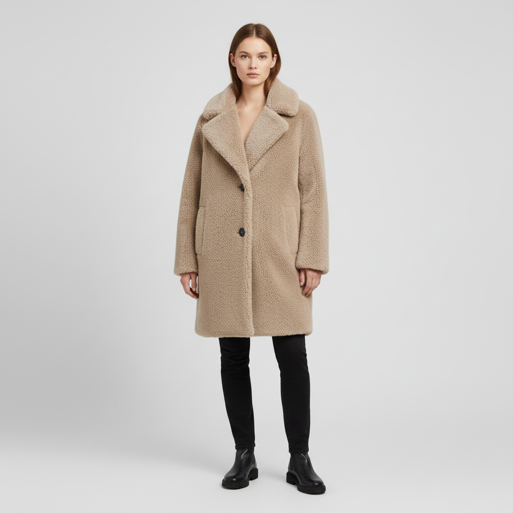 Women's Notch Collar Teddy Coat Button Front Relaxed Fit