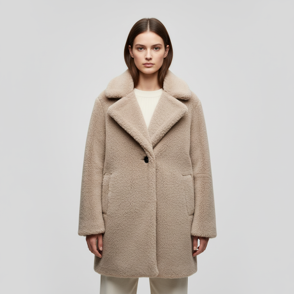 Women's Notch Collar Teddy Coat Button Front Relaxed Fit