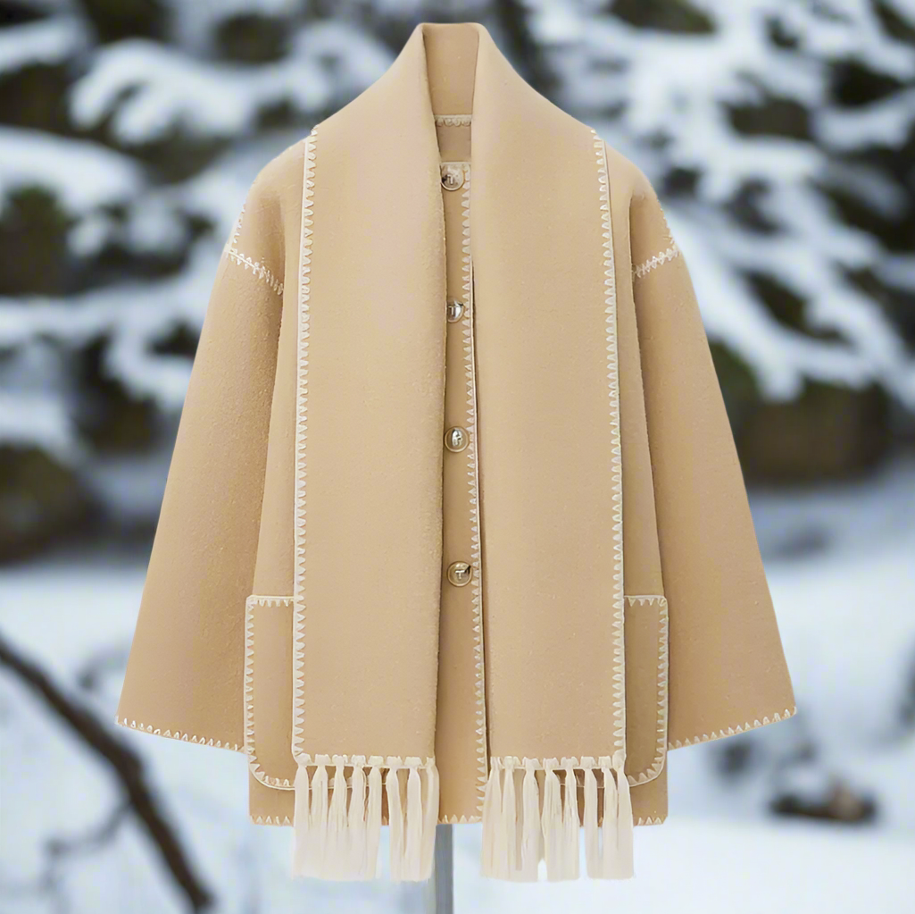 Women's Shawl Collar Coat with Button Front and Fringe Trim