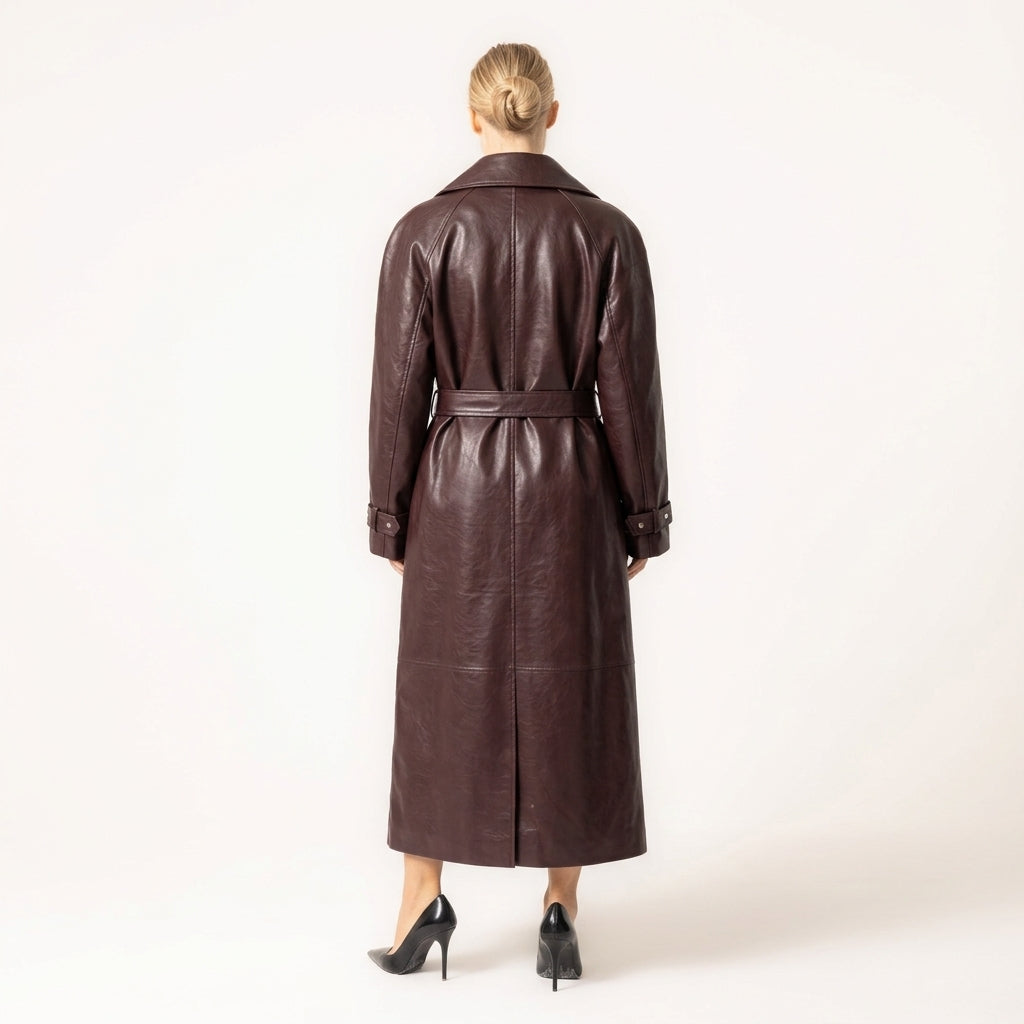 Women's Leather Trench Coat with Belt and Buckle Details
