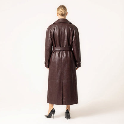Women's Leather Trench Coat with Belt and Buckle Details