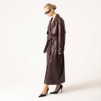 Women's Leather Trench Coat with Belt and Buckle Details