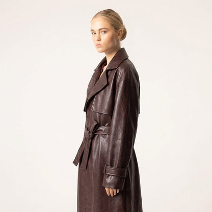Women's Leather Trench Coat with Belt and Buckle Details