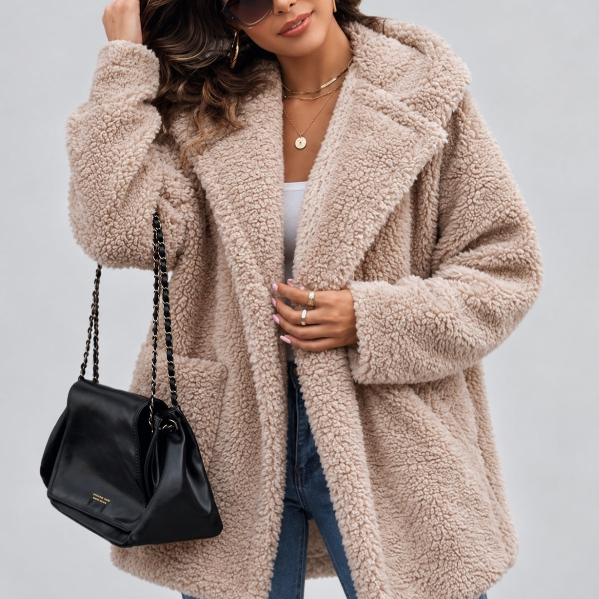 Women's Oversized Teddy Coat with Shawl Collar and Pockets