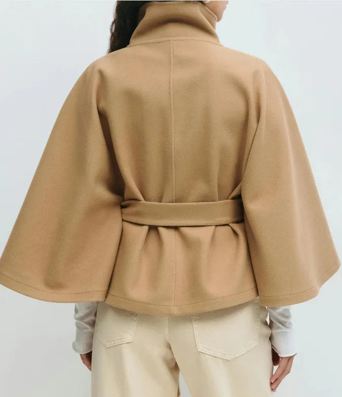 Women's Cape Coat with Belt and Stand Collar