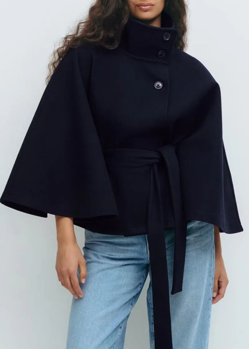 Women's Cape Coat with Belt and Stand Collar