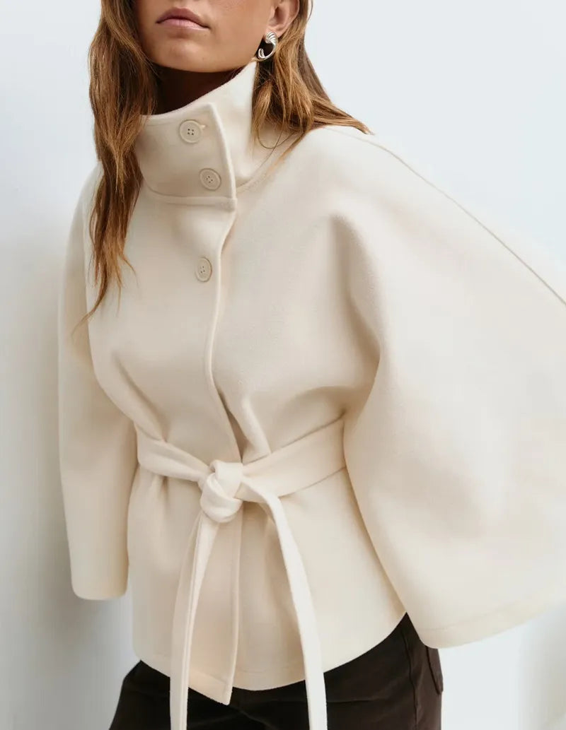 Women's Cape Coat with Belt and Stand Collar