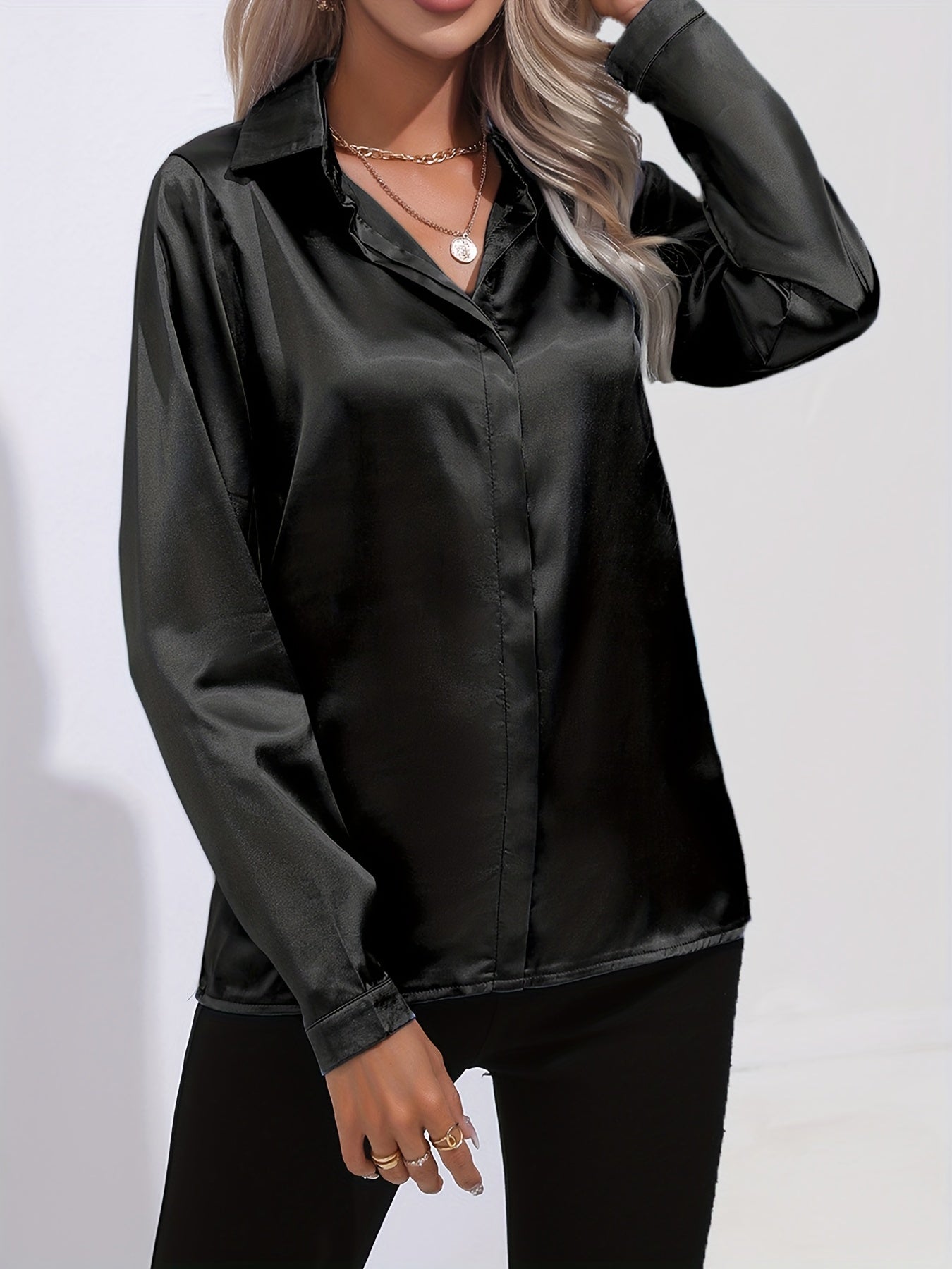 Sarah | Damen Langarm Satin Blusen mit Knopfleiste