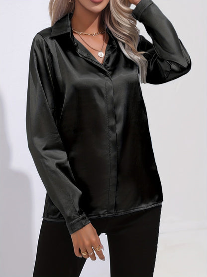 Sarah | Damen Langarm Satin Blusen mit Knopfleiste