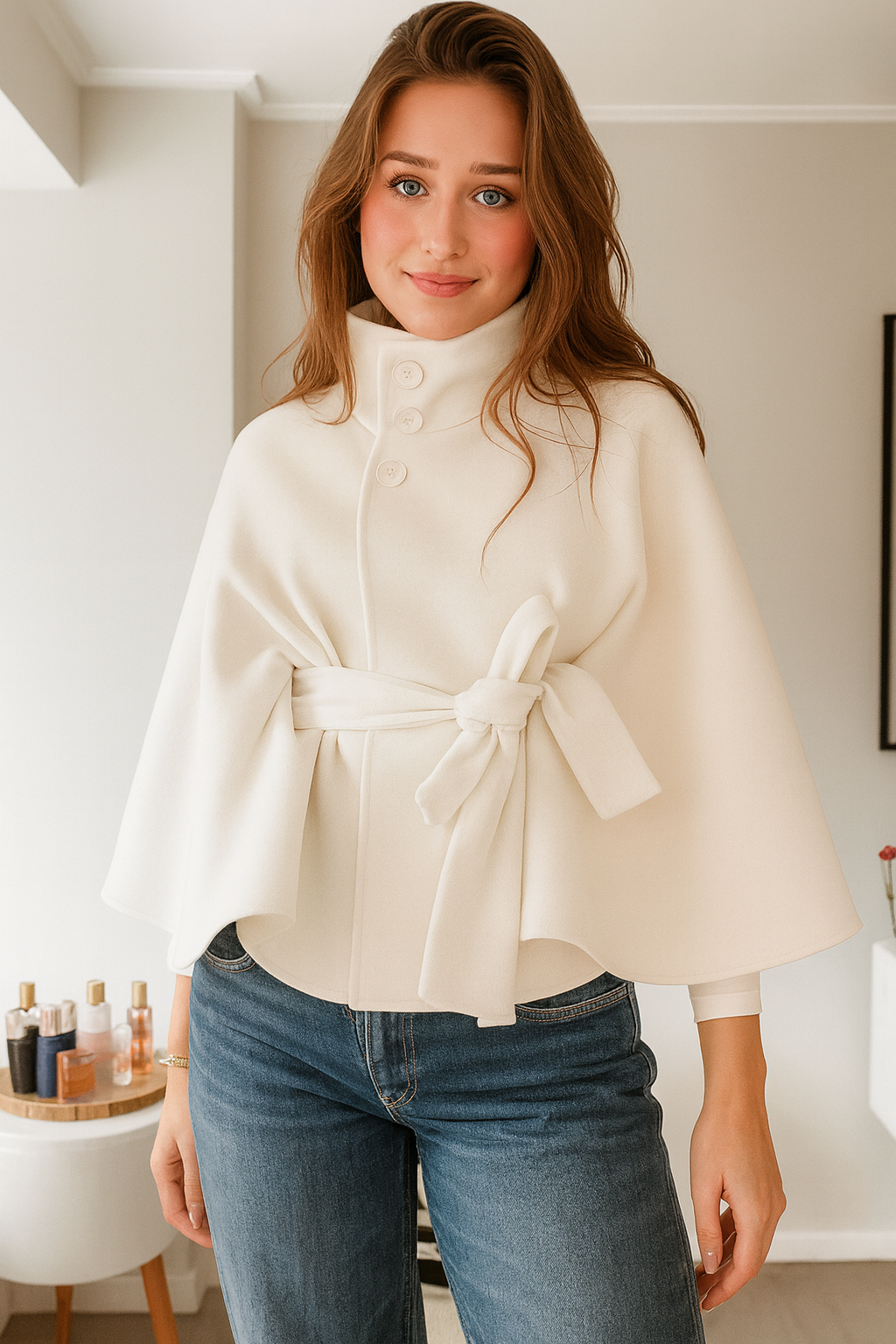 Women's Cape Coat with Belt and Button Closure
