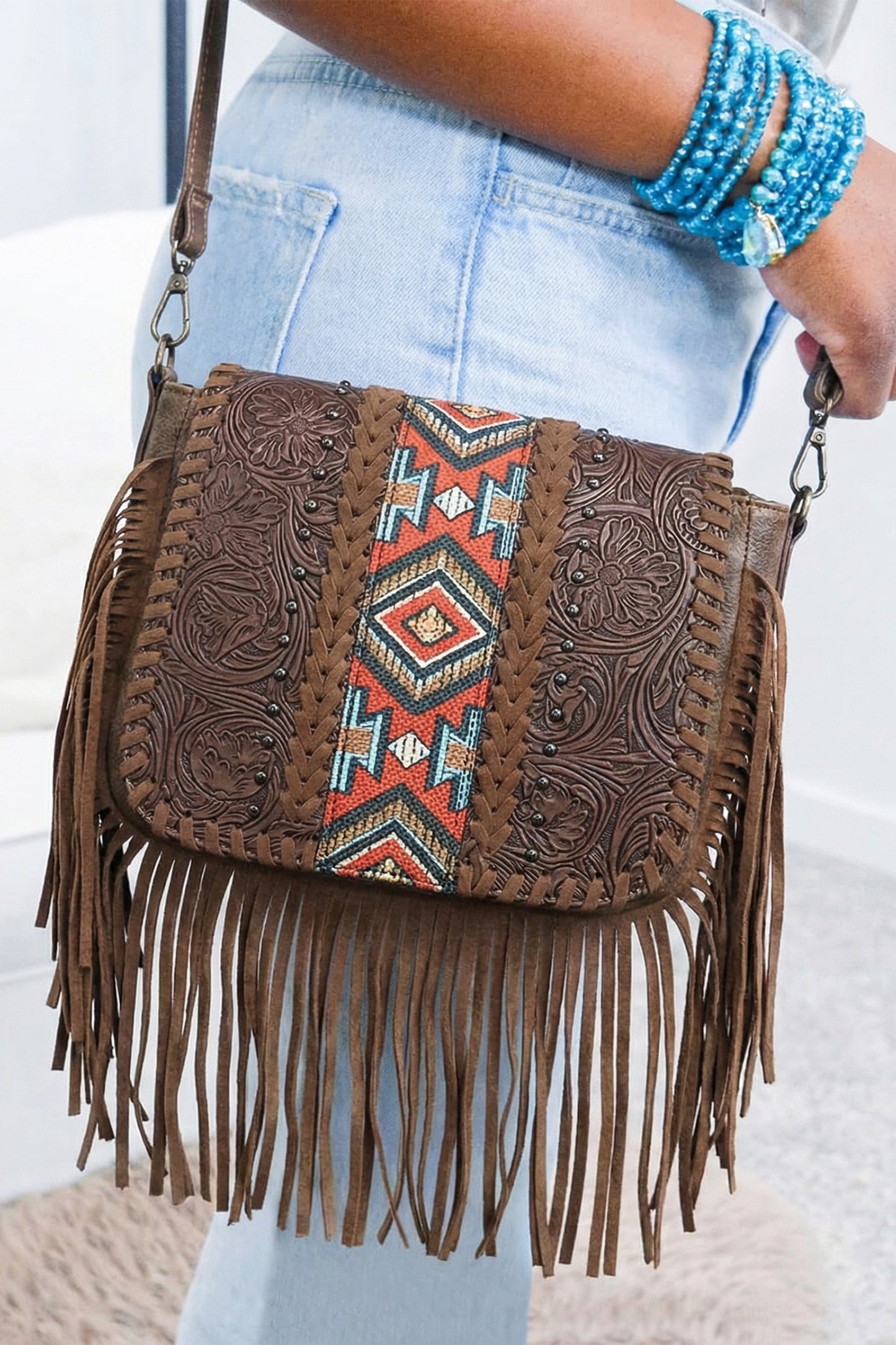 Coffee Aztec print fringe shoulder bag in vegan leather