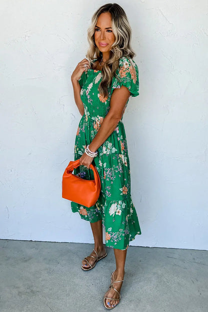 Prairie Bloom Smocked Tiered Midi Dress — Green Floral Dear-Lover Dropshipping