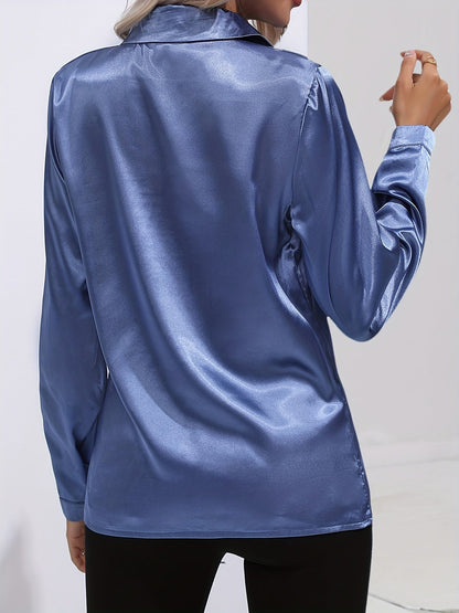 Sarah | Damen Langarm Satin Blusen mit Knopfleiste