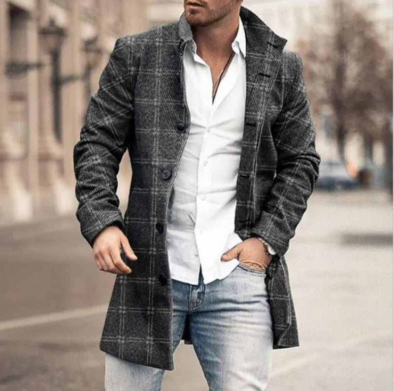 Men's Ribbed Long Coat with Button Closure and Collar