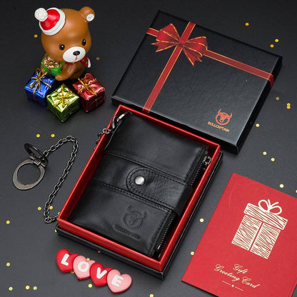 Men's RFID genuine leather zipper wallet with anti-theft chain