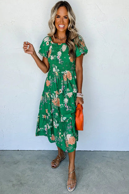 Prairie Bloom Smocked Tiered Midi Dress — Green Floral Dear-Lover Dropshipping