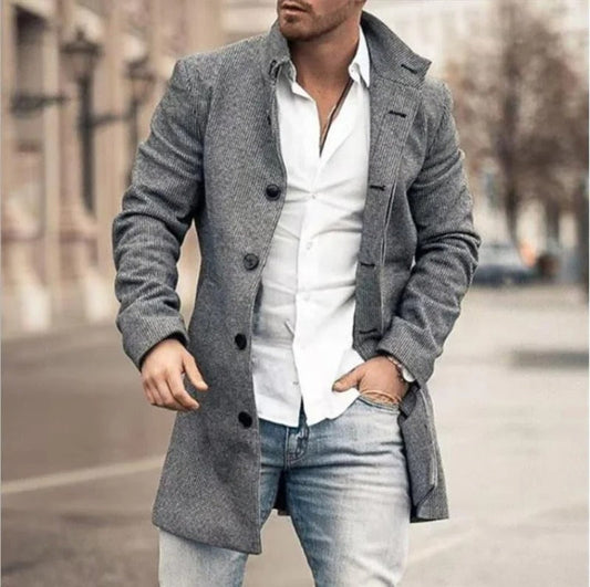 Men's Ribbed Long Coat with Button Closure and Collar