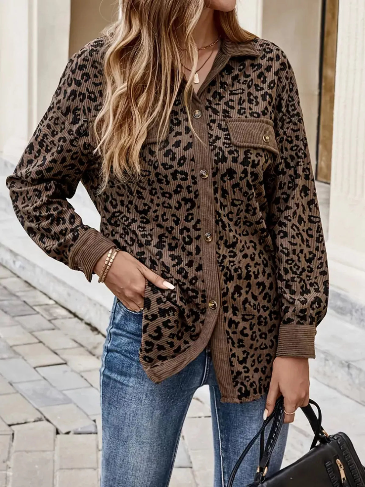 Leopard Print Corduroy Button-Up Jacket with Trendy, Stylish Appeal