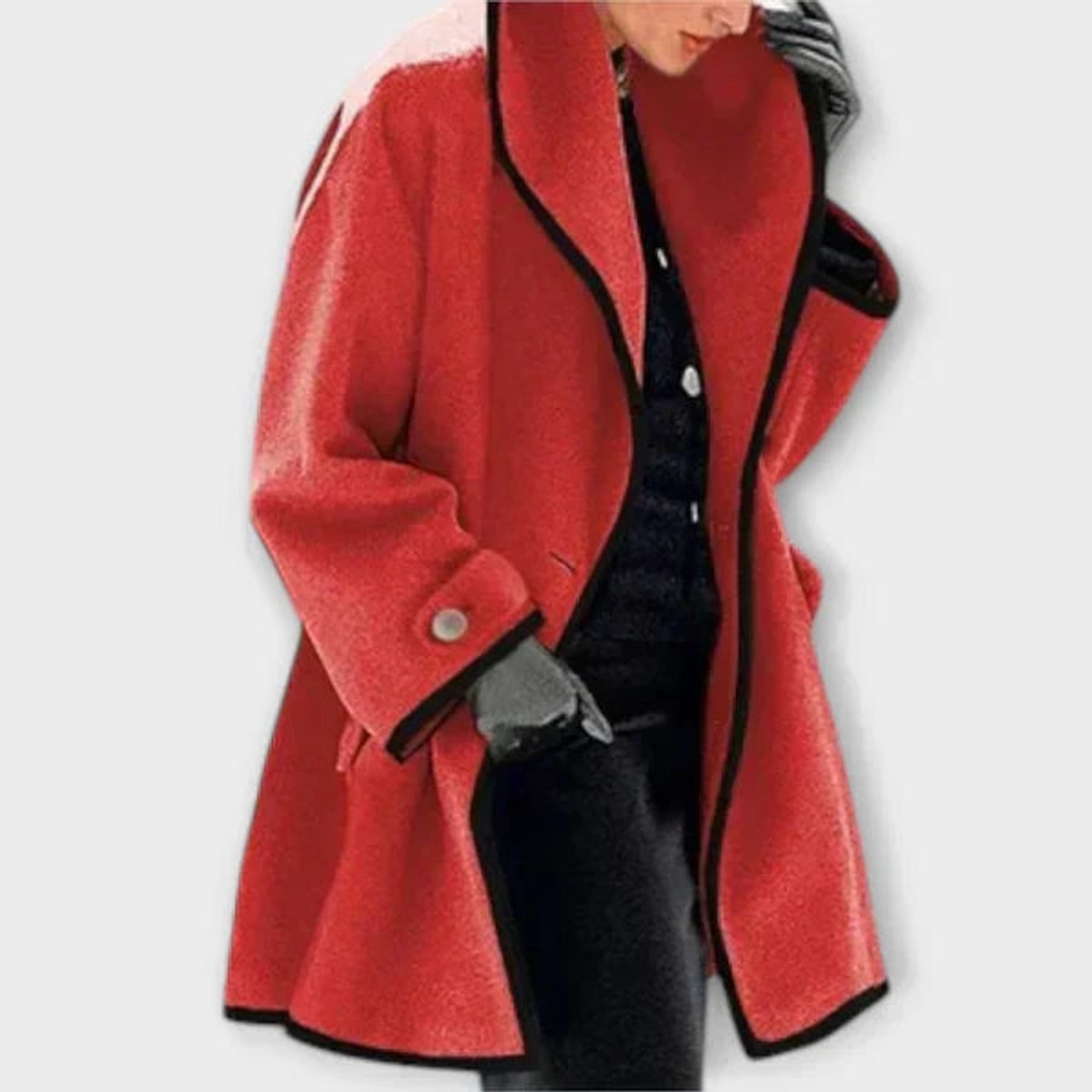 Women's Wide Lapel Coat with Contrast Trim Button Front