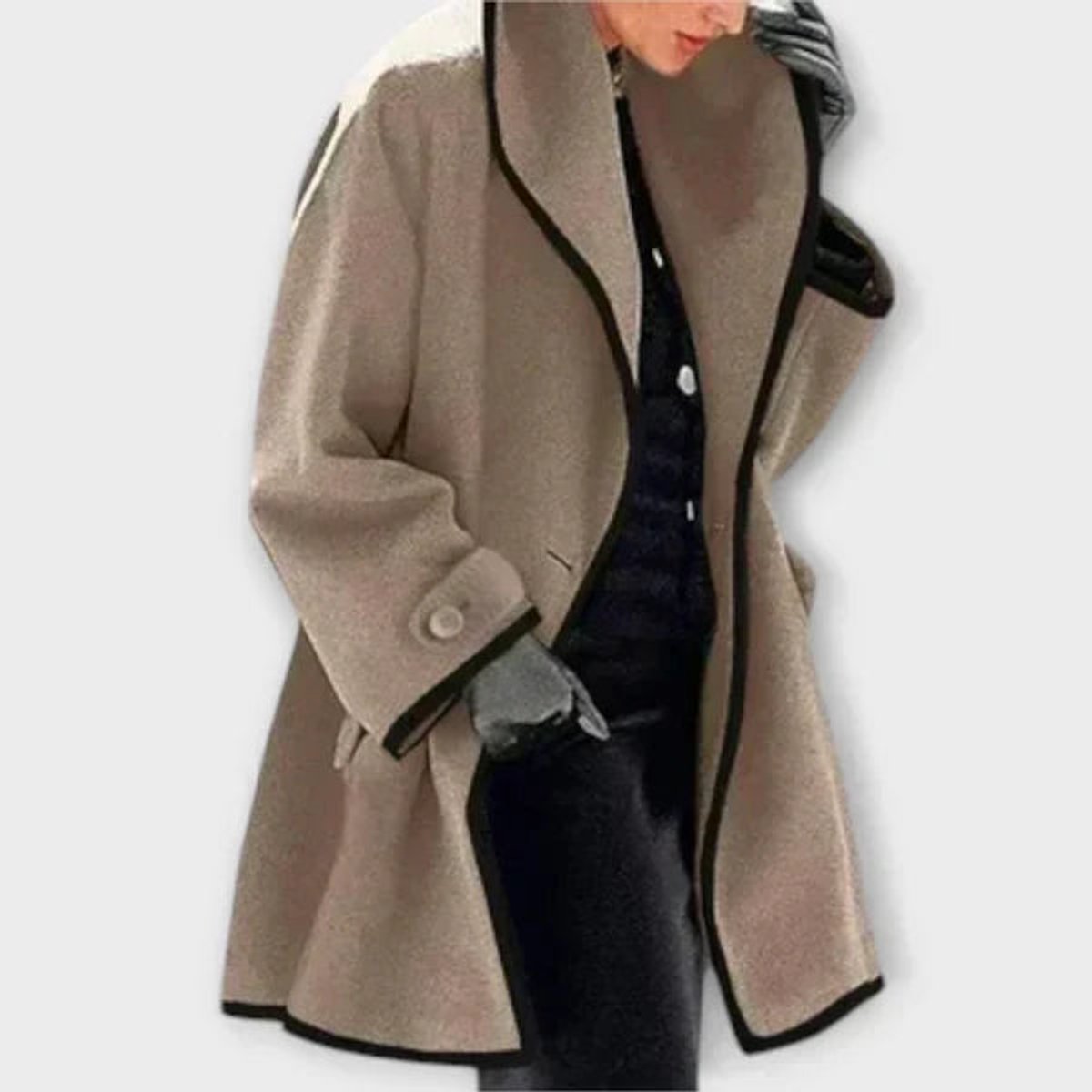 Women's Wide Lapel Coat with Contrast Trim Button Front