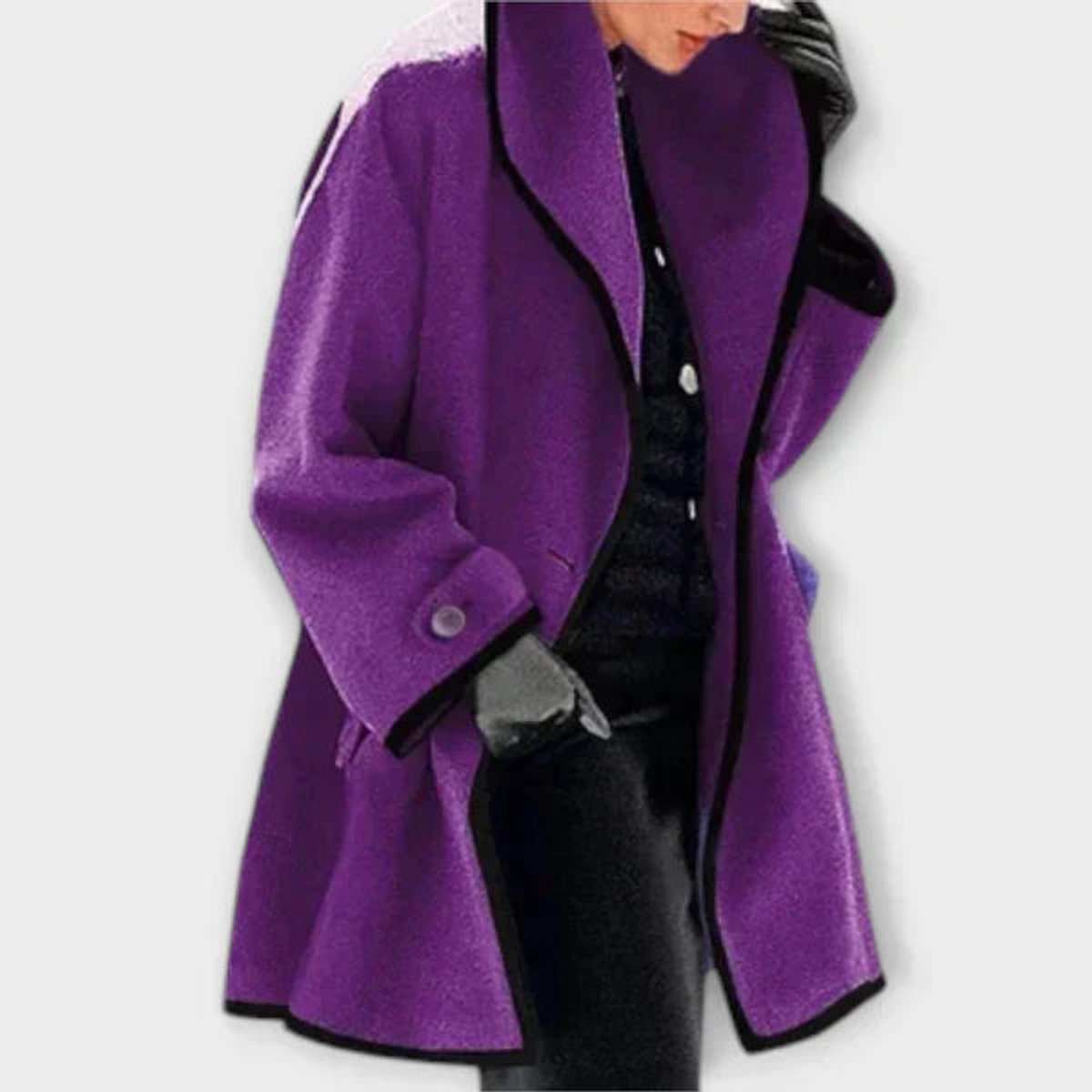 Women's Wide Lapel Coat with Contrast Trim Button Front
