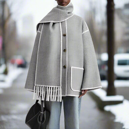 Women's Shawl Collar Coat with Button Front and Fringe Trim