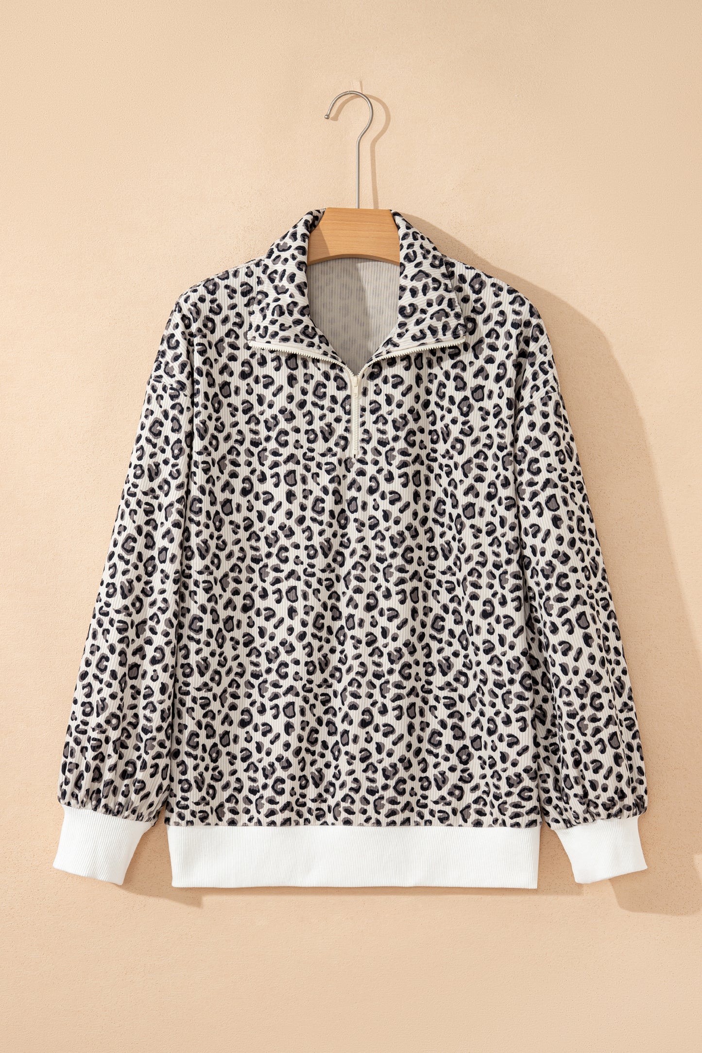 Brown Leopard Print Corduroy Quarter-Zip Sweatshirt