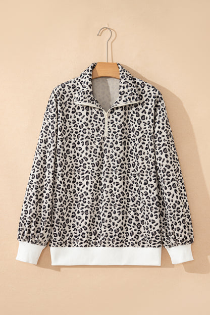 Brown Leopard Print Corduroy Quarter-Zip Sweatshirt