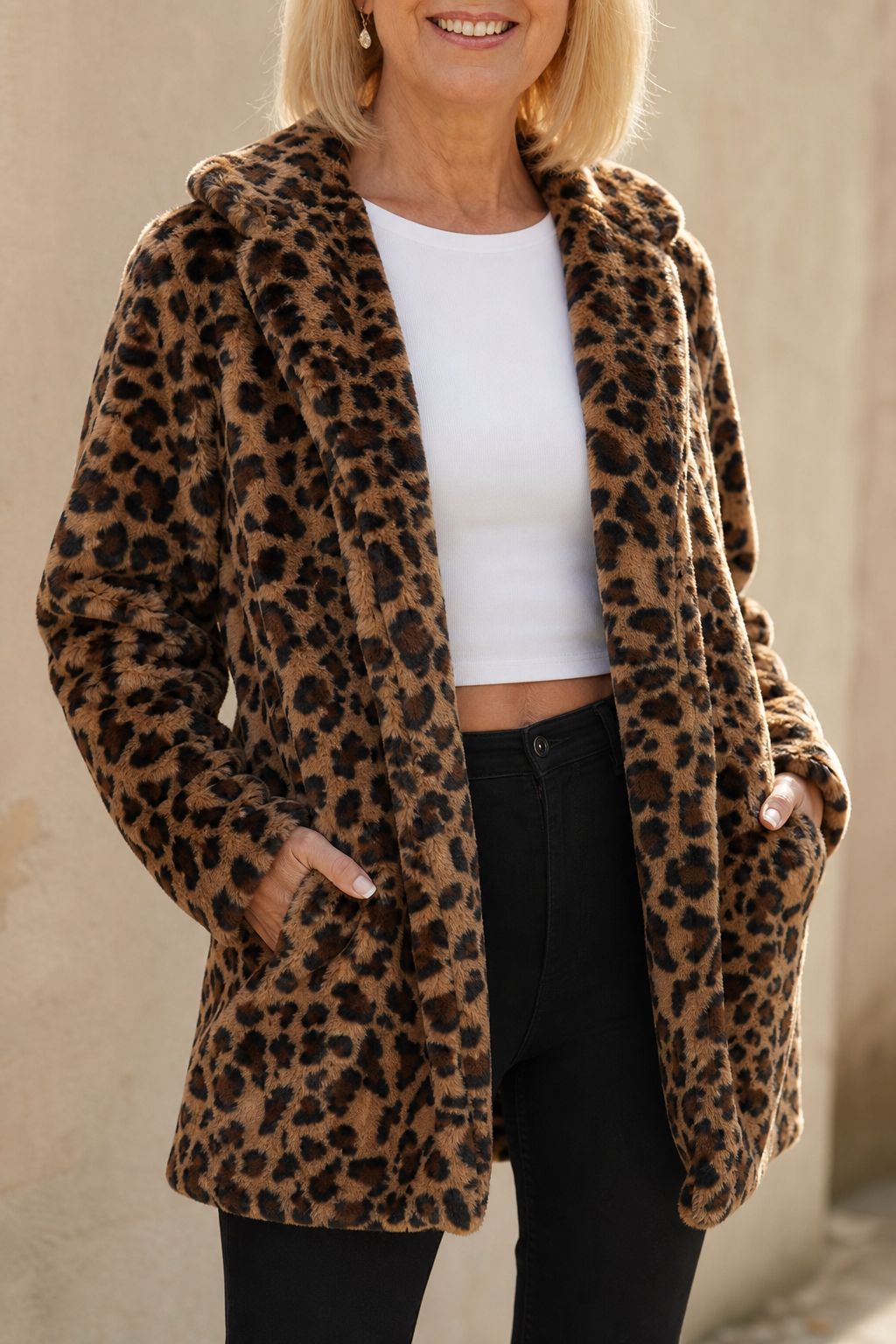 Women's Luxurious Leopard Print Faux Fur Longline Winter Coat